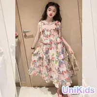 在飛比找momo購物網優惠-【UniKids】中大童裝碎花吊帶連身裙 蛋糕裙公主裙 女大