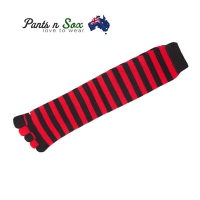 Women Black Red Striped Knee High Toe Socks Girl Five Fingers Party Costume