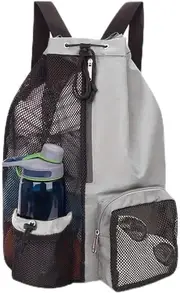 Grey Drawstring Gym Bag with Zipper Pocket, Sport Swimming Storage Bag, Beach Drawstring Backpack
