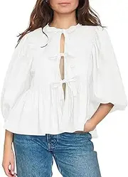 [Wcuvbv] Women Y2K Peplum Shirt Bow Blouse Tie Up Front Puff Short Sleeve Ruffle Babydoll Top