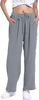 [Generic] Wide Leg Linen Pants for Women Summer Flowy Drawstring High Waist Pants Relax Fit Comfy Casual Beach Trousers 2025
