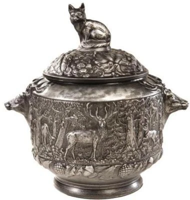 Soup Tureen MOUNTAIN Lodge Deer Scene Stag Silver Resin Hand-Cast Hand-Painted