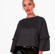 Boohoo NWT Women Black White Chic Polka Dot Ruffle Blouse Size 12 Large