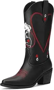 [Bybmorto] Women's Mid Calf Cowboy Boots - Western Cowgirl Boots with Queen of Hearts Embroidery, Stitched Pointed Toe Pull On Retro Style, Perfect for Parties, Concerts, and More
