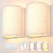 PRTILOUD Battery Operated Wall Sconces Set of Two, Rechargeable Wall Lamp with Remote, 3 Colors Dimmable Fabric Wireless Sconces Wall Decor Set of 2 with Timer for Bedroom Living Room