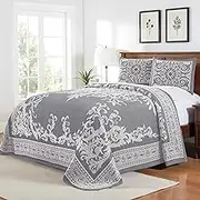 SUPERIOR Cotton Blend 2-Piece Bedspread Set, Oversized Bedspread, 1 Matching Pillow Sham, Light Weight Blanket, Jacquard Traditional Medallion Bedding Decor, Adalie Collection, Twin, Denim Blue