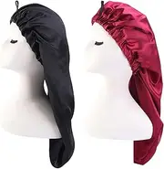 2 Pieces Long Satin Hair Cap Set Breathable Sleep Cap Bonnet Silk Afro Silk Sleeping Cap Satin Hood Adjustable Sleep Cap Night Hat Hair Care Hat Red Black for Women Long Curls Hair Protection