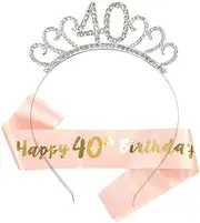 [madeokoltd] Happy Birthday Tiara Headband, Silver Crown with Rose Gold Sash, 18/30/40/50/60 Years