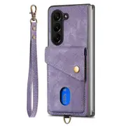 Retro PU+TPU Phone Case for Samsung Galaxy Z Fold5 5G Card Holder Kickstand Cover with Strap