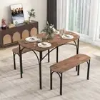 Costway 3-Piece 120cm Wooden Dining Table and 2 Benches-Brown