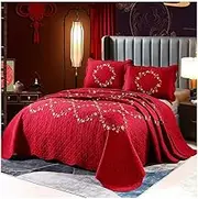 King Size Quilt Set 104x92, Full/Queen Size Quilt Set 90x90 Big Red Embroidery Bedspreads Bedding Coverlets for All Seasons (1 Quilt, 2 Pillow Shams) (Color : Red, Size : 264x234cm-104x92 inch)