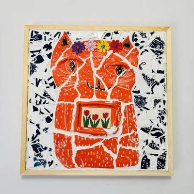 Orange Cat Mosaic Art Original By Kim Magee Artwork Children Room Framed Ceramic