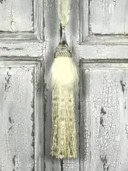 Pair 2 pieces Curtain Tie Backs - 30cm Tassel with Feathers and Long Beaded Fringing - Cream