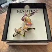 New Napier Beautiful Hummingbird Brooch Pin Gold Tone NEW w Box Rhinestones