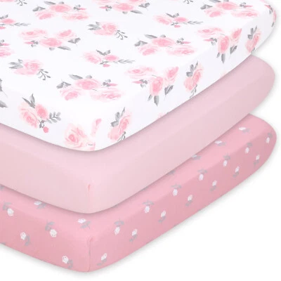 Pink Roses Ditsy Floral 3 Pack Print & Solid Microfiber Fitted Playard Sheet Set