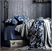 Eastern Floral Chinoiserie Blossom Print Duvet Quilt Cover Navy Blue Tan White Asian Style Botanical Tree Branches Ornamental Drawing 400TC Egyptian Cotton 3pc Bedding Set (King)