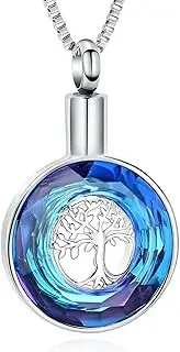 DOTUIARG Urn Necklace for Ashes Stainless Steel Tree of Life Cremation Jewelry Crystal Circle Memorial Pendant Keepsake for Women Men