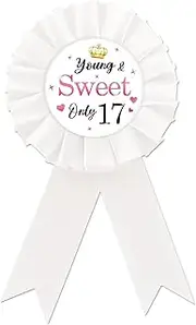[ROSTYAKZ] White Happy 17th Birthday Tinplate Badge, Young & Sweet Only 17 Button Pin, It's My 17th Birthday Rosette Badge Pin for Girl, Brooch Buttons for Seventeen Birthday Party, tinplate, rosette
