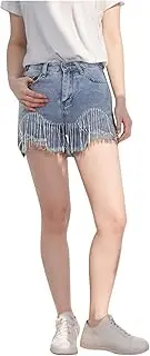 [Generic] Womens Denim Shorts with Fringe Chain Sexy High Waisted Stretchy Irregularly Ripped Jean Shorts Summer Fashion Pants
