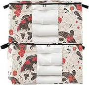 Traditional Japanese Carp Black and Red Armor 60/95 L zippered linen storage with Reinforced Handles, clear window clothes storage organizer for Blankets, Comforters, and Clothes