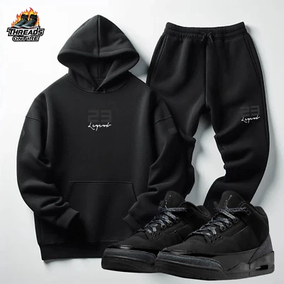 Mens Black on Black Sweatsuit To Match Jordan 3 Black Cat Hoodie Joggers 2pc Set