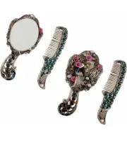 Vintage Foldable Mirror Comb Set Metal Handheld Copper Make Up Round Mirror Comb
