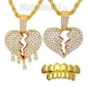 Hip Hop Icy Cubic Zirconia Broken Heart Pendant Rope Chain Necklace & Grillz Set
