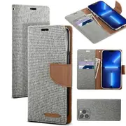 Goospery Canvas Apple iPhone 13 Pro Max Wallet Leather Case Denim Stand Flip Fabric Pouch Credit Card Slots Cover - Grey