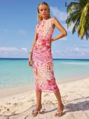 Lipsy Pink Orchid Petite Printed Sleeveless Ruched Mesh Midi Dress (F45085) | $136