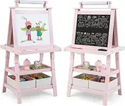 BABY JOY Kids Art Easel, 3 in 1 Double-Sided Standing Easel for Toddlers w/Chalkboard, Whiteboard, Paper Roll, Large Capacity Tool Tray Wooden Art Easel for Kids w/2-Tier Rack, 2 Storage Boxes (Pink)