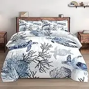WeCozy King Size Comforter Set with 2 Pillowcases, Animal Blue Turtle Sea Coral Soft 3 Pcs Bedding for Kids and Adults Bedroom Bed Decor