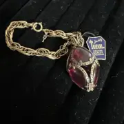 1964 Crown Trifari Renaissance Cranberry Glass Fob Gold Plated Chain Bracelet 7"