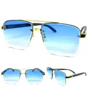 Men's CLASSY Elegant Sophisticated SUN GLASSES Gold Faux Wooden Frame Blue Lens