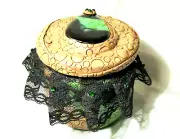 Steampunk Dragon Metal Glass Jar container black lace green stone polymer clay