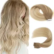 Sassina Invisible Skin Weft Double Side Human Hair Tape in Extensions Balayage Ash Brown Fading to Dark Honey Blonde to Platinum Ash Blonde 50 Grams with 20 Pieces (B8-18-60 20 Inch)