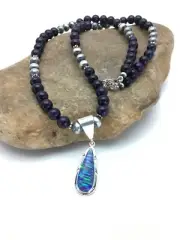 Opal Pendant Purple Stone Navajo Pearls Sterling Silver Necklace 23" 2794