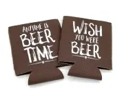 Beer Can Coolers Koozies Brown Faux Leather Anytime is Beer Time Wish you were