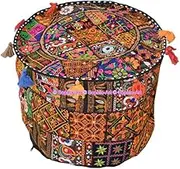 Sophia Art Indian Embroidered Patchwork Cover Indian Decorative Pouf Indian Comfortable Floor Cotton Cushion Ottoman Pouf,Indian Designs Ethnic Patchwork Pouf (Black Rajkoti, 18"x13")
