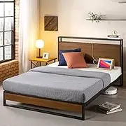 Zinus Ironline Queen Bed Frame with Headboard Shelf and USB Port Hub - Metal and Bamboo Wood Furniture Industrial Platform Bed