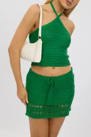 Green Crochet Knit Skirt Drawstring Waist Mini - Size 10S, Women's Knit Skirt