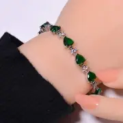 Heart - Tsavorite & Cubic Zirconia 925 Sterling Silver Tennis Bracelet 7.99" B60