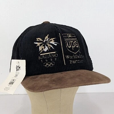 Vtg 1998 Nagano Olympics Corduroy Strapback Hat Cap UPS Black Tan 90s NWT New