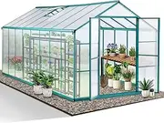 Augaden Walk-in Aluminum Greenhouse, 480*250*226, 11.4m², 8cm foundation for outdoor garden, Polycarbonate Hobby Greenhouse with Vent Window, Lockable Door, Rain Gutter for Backyard, Heavy Duty, Green