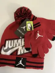Nike Jordan Jumpman Youth Kids Unisex Pom BEANIE /GLOVES Set RED/BLACK One Size