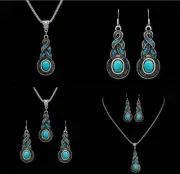 DESIGNER INSPIRED BLUE FAUX TURQUOISE SILVER NECKLACE & EARRINGS JEWELRY SET NEW