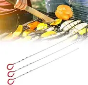 Haofy 3PCS Roasting Sticks Kabob Skewers, Stainless Steel BBQ Flat Skewers Reusable Kebab with ABS Handle for Grill, Food Grade Barbecue Tools (Red)