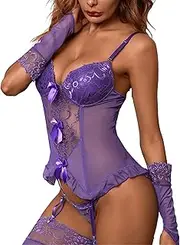 [Zylphorix] Women One Piece Garter Belt Lingerie Bodysuit Teddy Panty with Stockings Underwire Suspender Lace Bodysuits Underwear