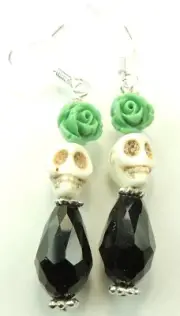 White Howlite Skull & Turquoise Roses Briolette Crystal Earrings Halloween Boo