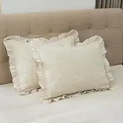 Pillow Shams Set of 2 Linen-Cotton Jacquard Fabric and Washed 100% Cotton Retro Ruffle Flounces Trim Solid Beige Decorative Pillow Cases for Home Bedroom Decor Pillow Covers 20x26 Inch Bed Pillowcases