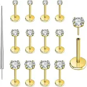 [PunkTracker] 13Pcs 20G/18G/16G Gold Flat Back Earrings Stud 316L Surgical Stainless Steel Threadless Push in Nose Stud Tragus Helix Lip Medusa Piercing Jewelry